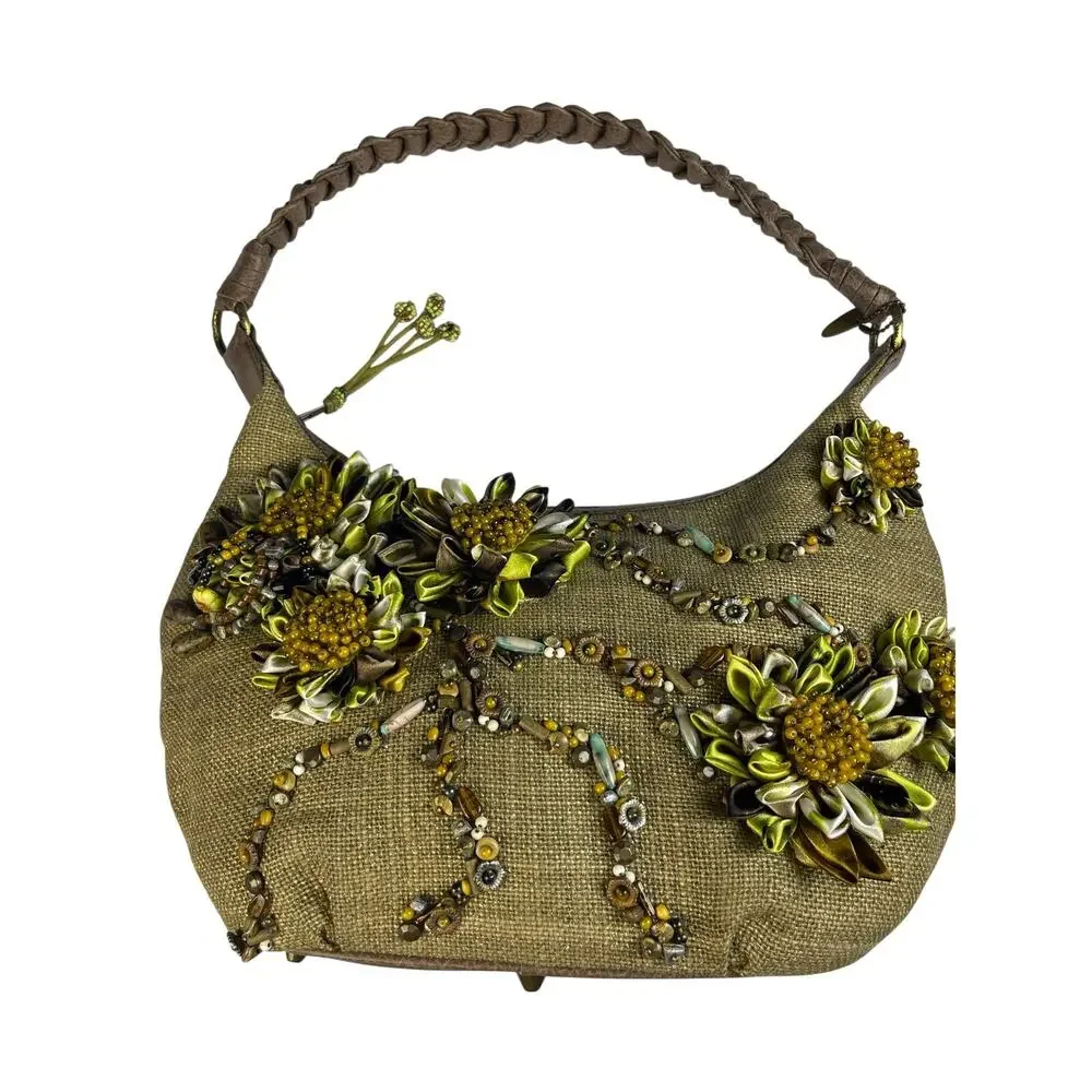 Mary Frances olive green burlap hobo bag floral embellished beaded art to wear